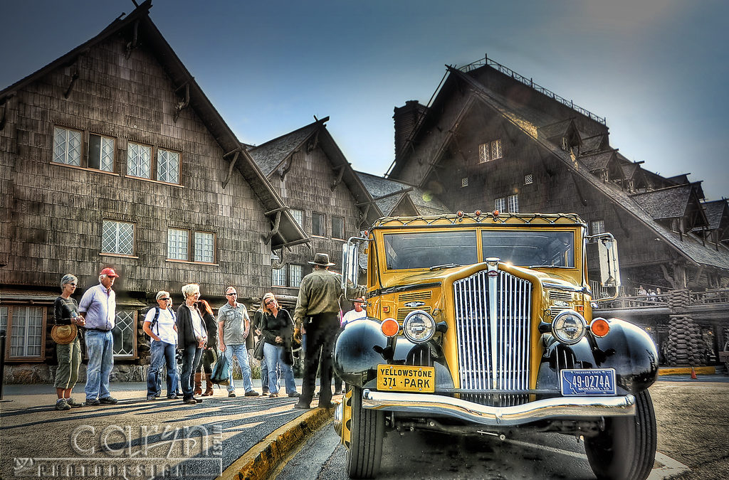 Historic Yellowstone Park Bus at Old Faithful Inn