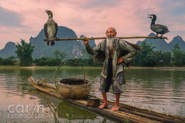 CarynEsplin-WhiteBeard-CormorantFisherman, CormorantSunsetFishermen-Guilin-China-karst-Guangxi Zhuang region