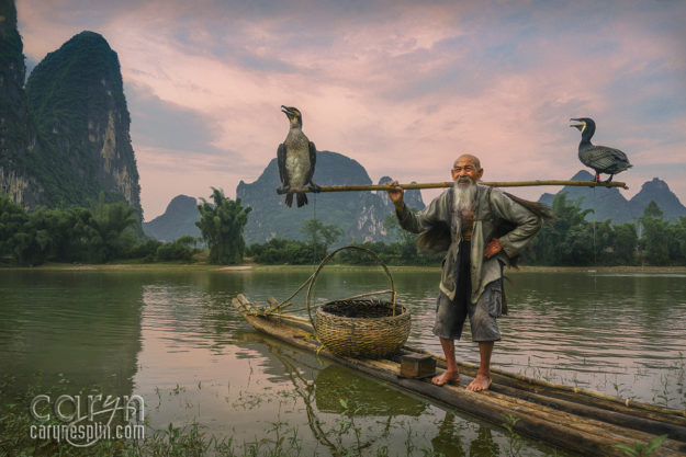 CarynEsplin-WhiteBeard-CormorantFisherman1-CormorantSunsetFishermen-Guilin-China-karst-Guangxi Zhuang region